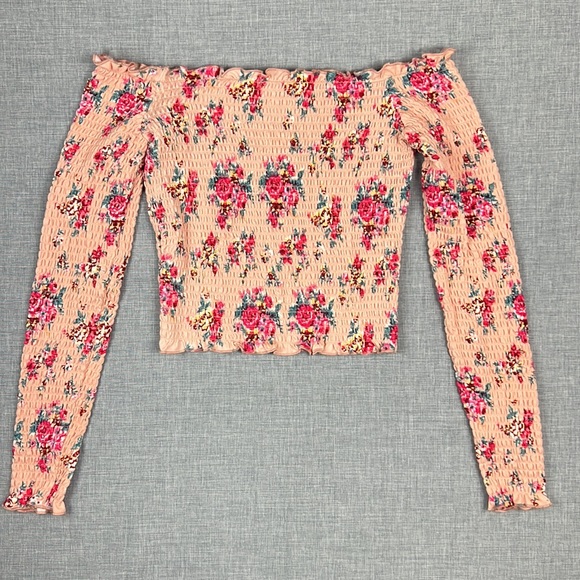 Self Esteem Pink Floral Printed Smocked Off Shoulder Top Juniors Size Small - Picture 5 of 5